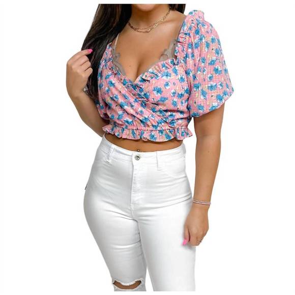 NEW LUSH ruffle crop top in pink/blue - Picture 1 of 2